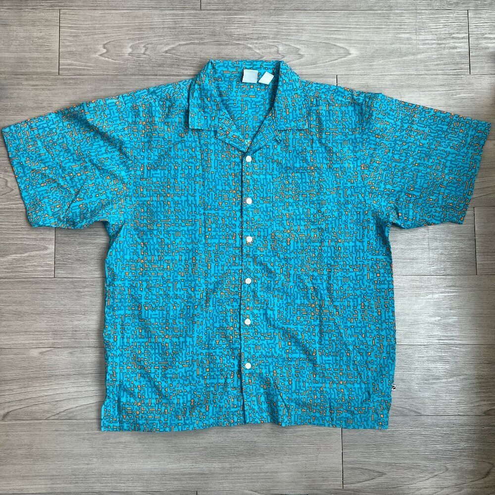 Vintage OP Ocean Pacific Pixel Print Men's Button Down Short Sleeve Shirt Size L